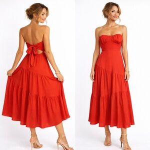 NWT Hello Molly Strapless Tiered Midi Red Dress w/ Back Bow Tie Sz 4🧡
